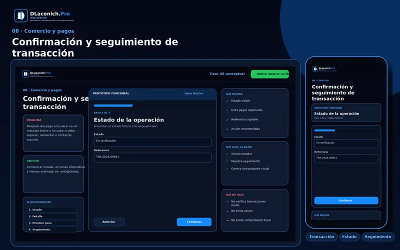 Vista previa del caso UX Confirmación y seguimiento de transacción