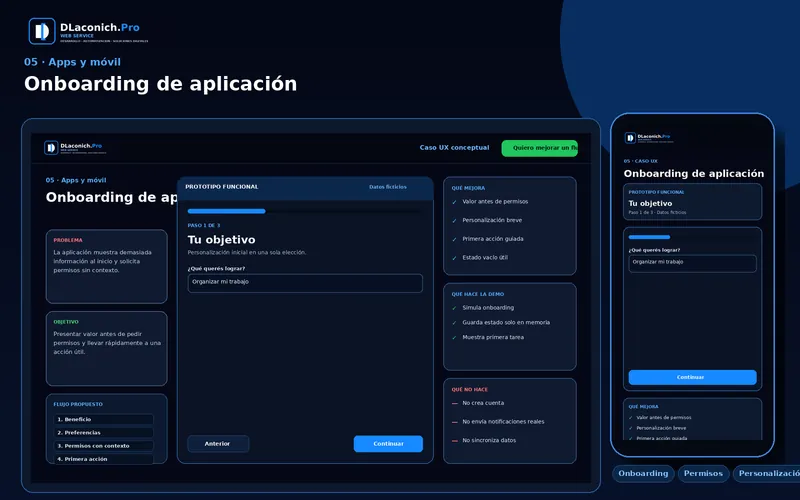 Vista previa del caso UX Onboarding de aplicación