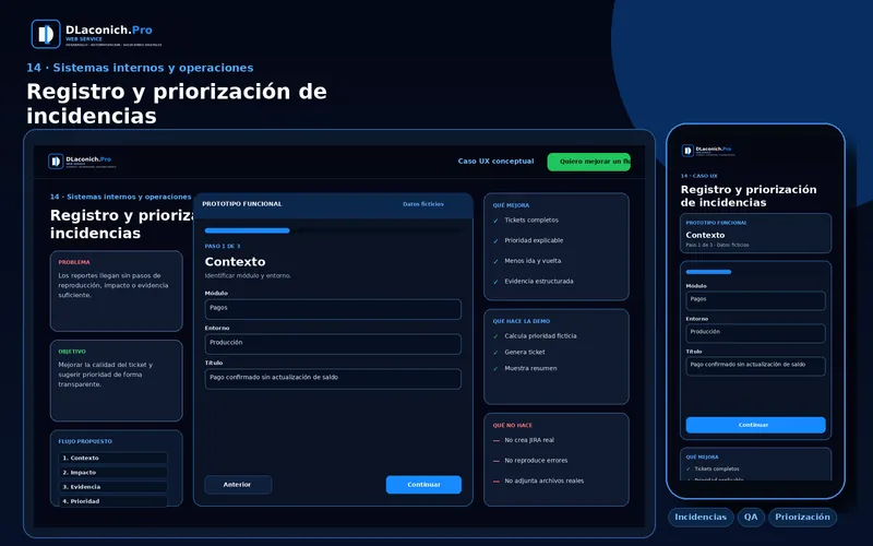 Vista previa del caso UX Registro y priorización de incidencias